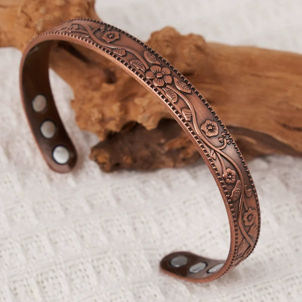 Adjustable Magnetic Bracelet Set with Retro Flower Design in Ancient Red Copper for Men and Women
