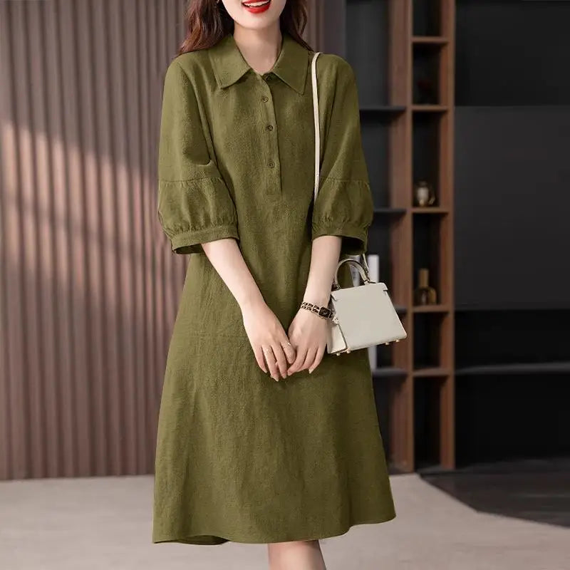Women Cotton Shirt Dress Midi Three Quarter Sleeve Elegant