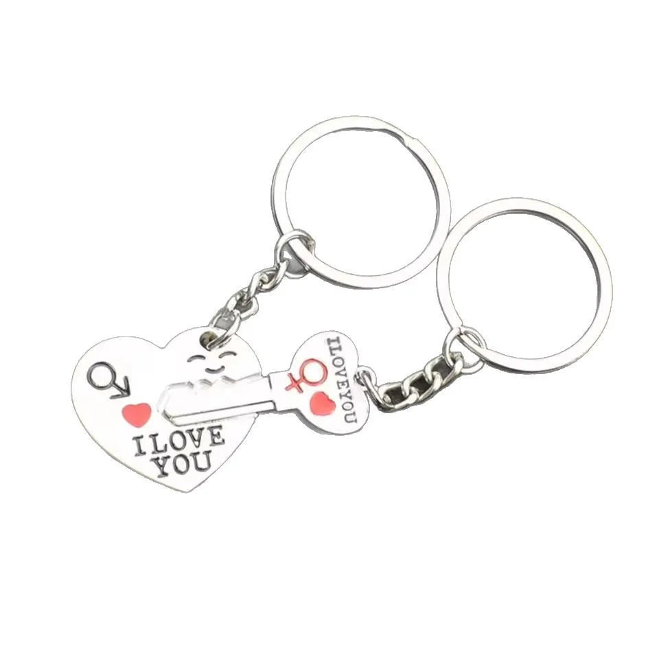 Metal Couple Heart Keychain Zinc Alloy Silvery Plated Creative Key Ring Lovers Gift