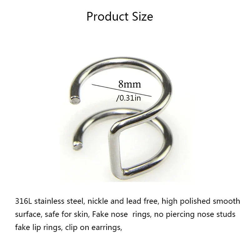 2Pcs Stainless Steel Clip On Ear Cuffs Fake Lip Ring Non Piercing Labret Rings for Men and Women