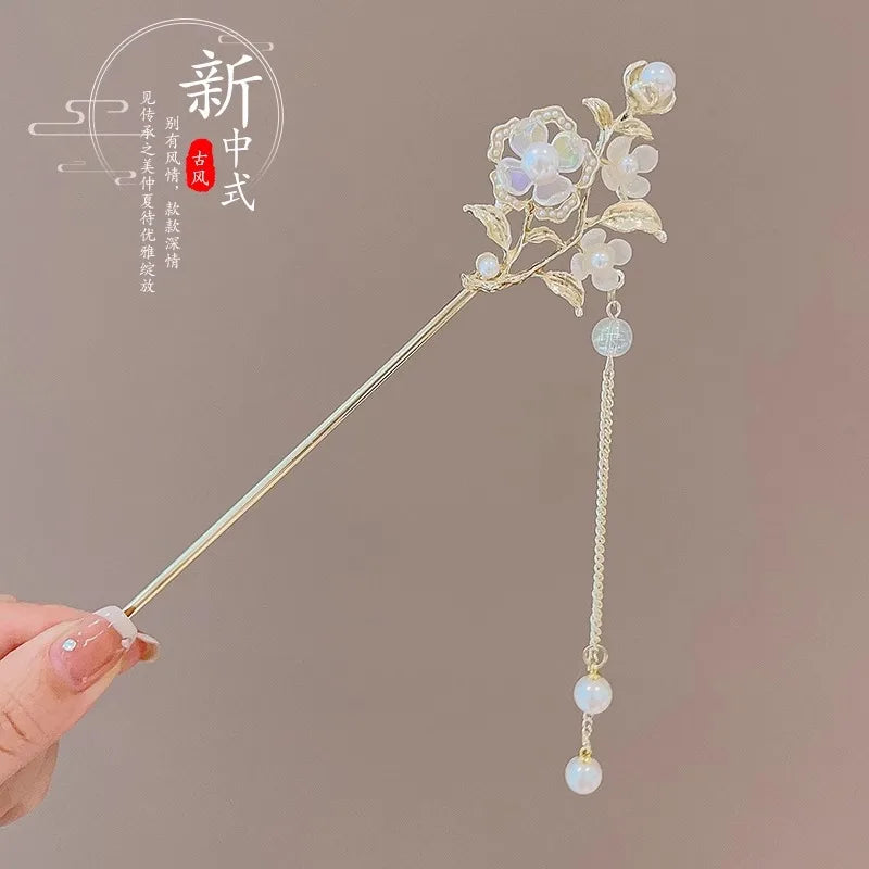 Elegant Enameled Flower Tassel Hair Clip Alloy Hairpin for Women Stylish Chinese Hair Accessory