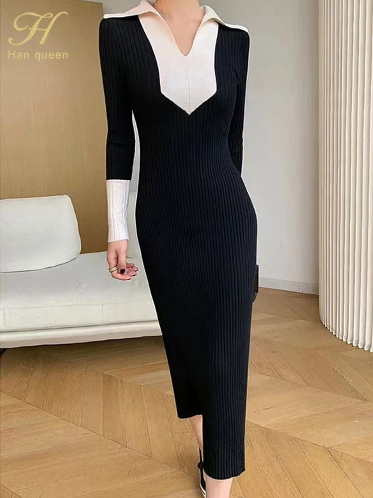 Korean Style Knit Dress Long Sleeve Color Block Lace