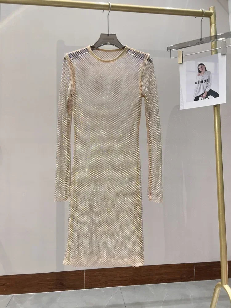 Colorful Sequin Diamond Dress Round Neck Midi Hollow