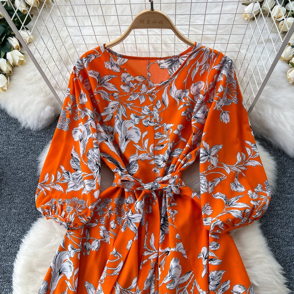 Boho Floral Print Pleated Maxi Dress With Puff Sleeves Belt