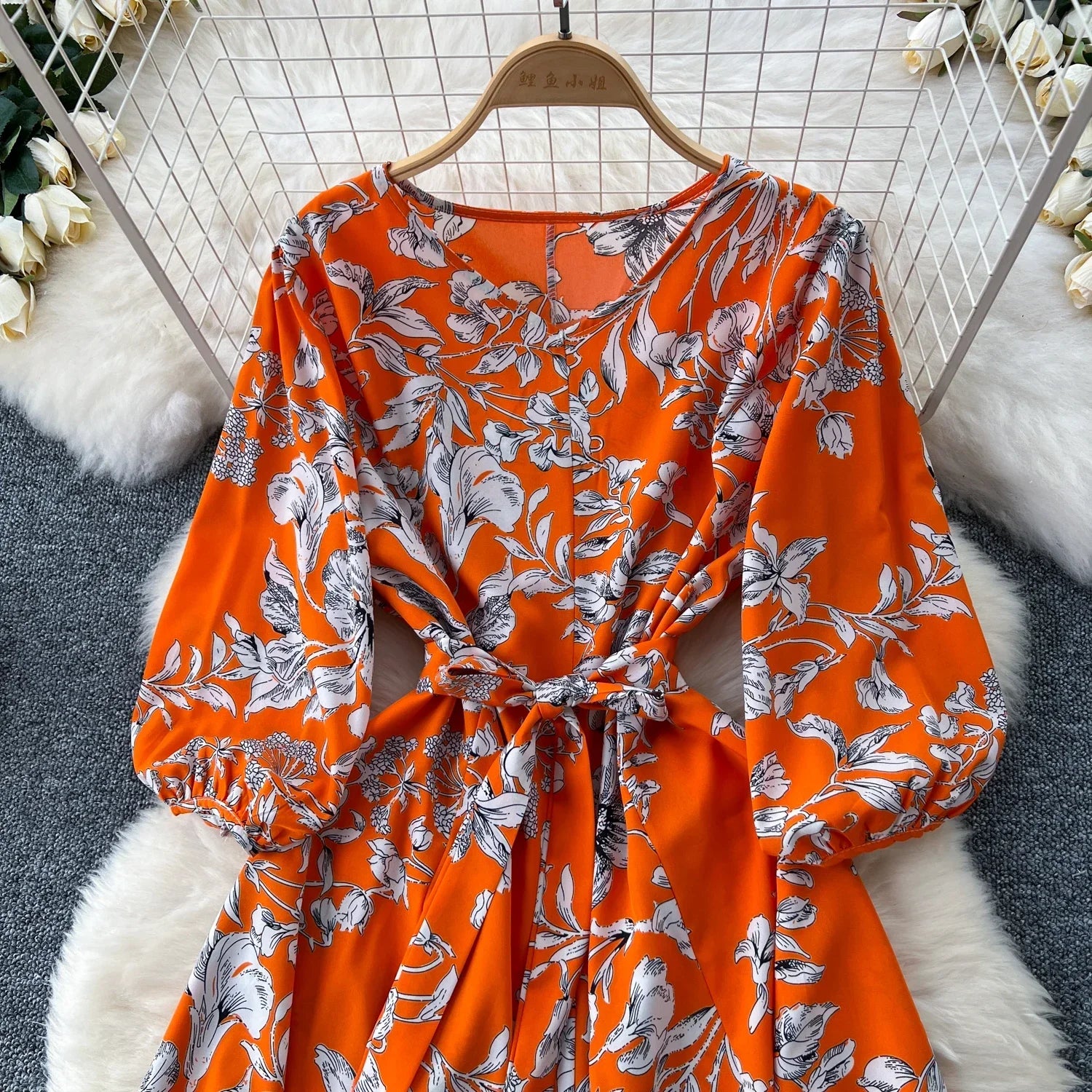 Boho Floral Print Pleated Maxi Dress With Puff Sleeves Belt