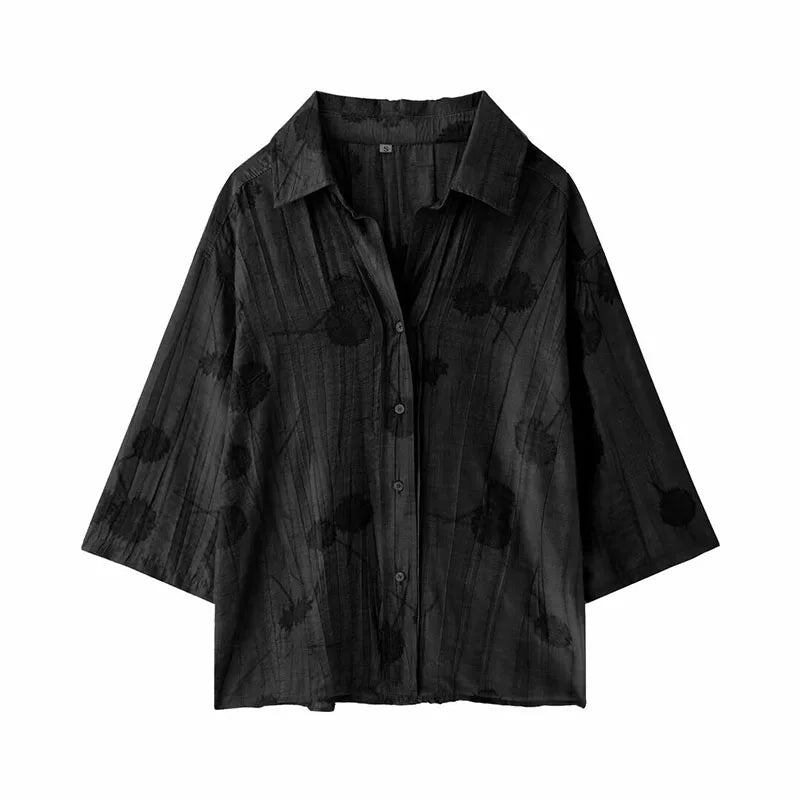 Jacquard Shirt Pants Suit for Women with Lapel Half Sleeve and Pockets, Wide Leg Pant Set for Summer Streetwear