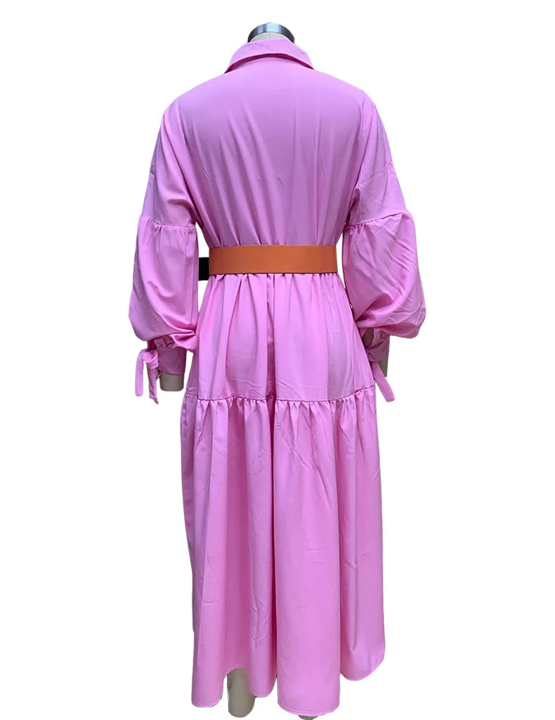 Women Casual Front Button Shirt Dress With Belt Longsleeve