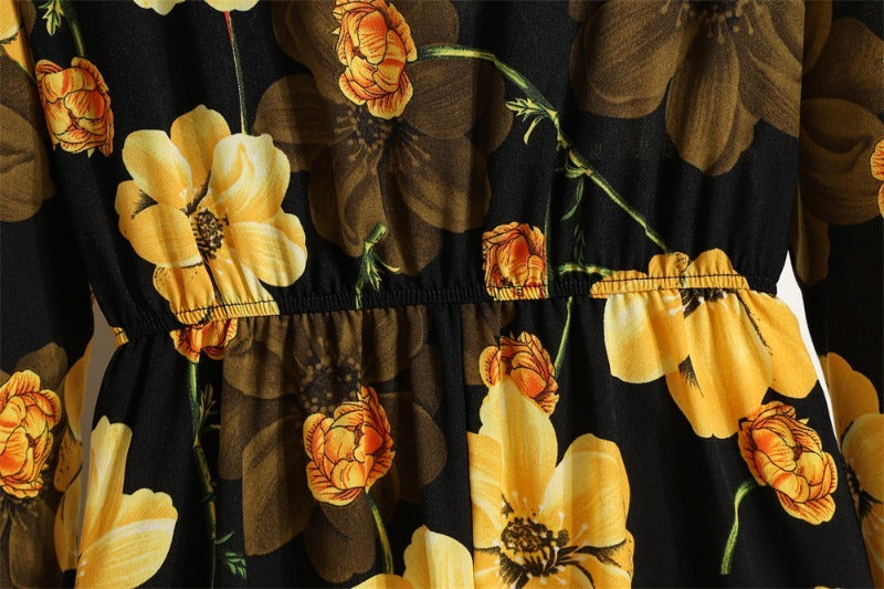 Bohemian Floral Maxi Dress High Waist Chiffon Long Sleeves