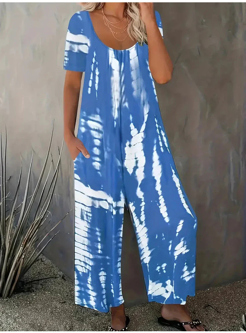 Plus Size Women Summer Jumpsuit Allover Print Wide Leg Short Sleeve Round Neck Relaxed Fit with Pockets Comfortable Casual Outfit