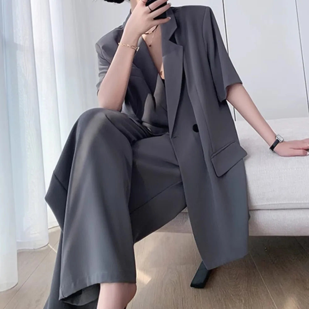 Short Sleeve Wide Leg Pants Blazer Suit Set for Women Summer Business Casual Attire