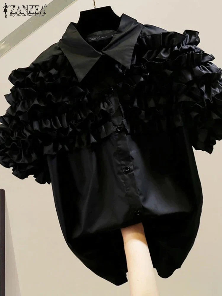 Women's Ruffle Trim Short Sleeve Blouse with Turn-Down Collar Casual Button-Up Solid Color Shirt