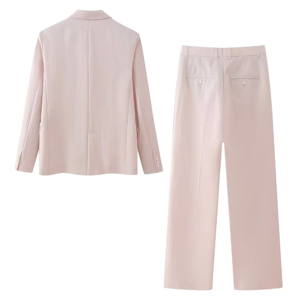 Pink Draping Casual Double Breasted Women's Commuter Suit Coat with Straight Leg Pants