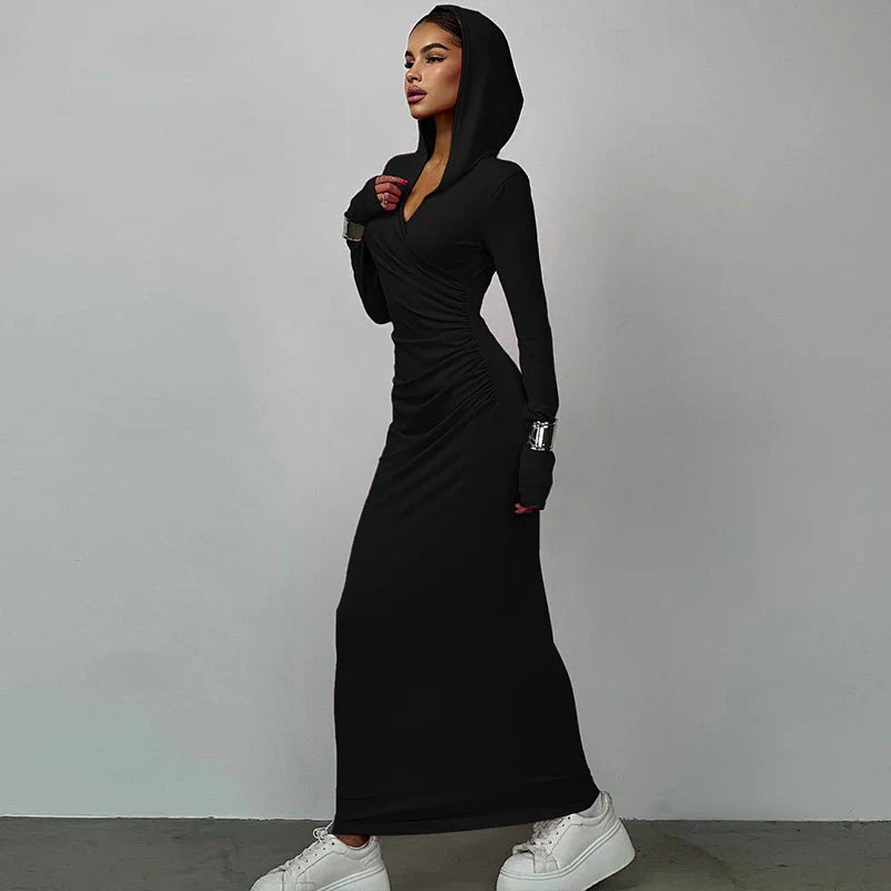 V Neck Solid Maxi Dress With Draped Silhouette Long Sleeve
