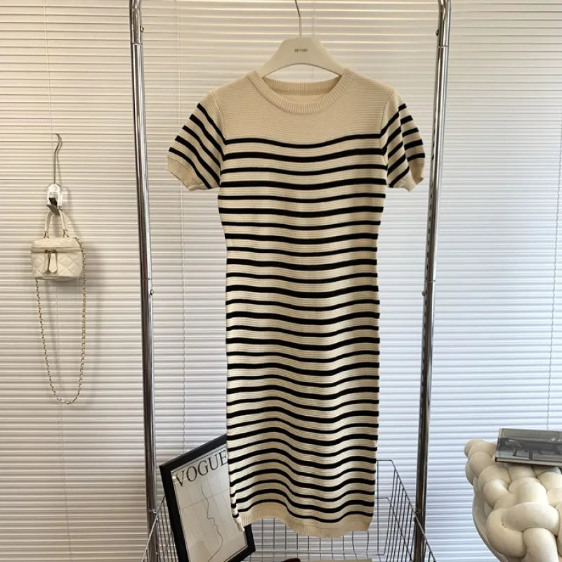Summer Knit Bodycon Dress O Neck Short Sleeve Stripe Print