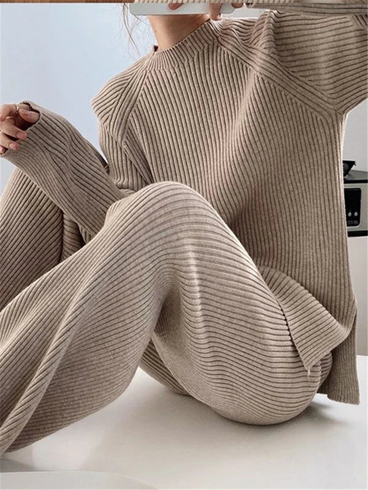 Cozy Knitted Two-Piece Women's Tracksuit Set Featuring Half Turtleneck Sweater and Wide Leg Jogging Pants for Autumn and Winter