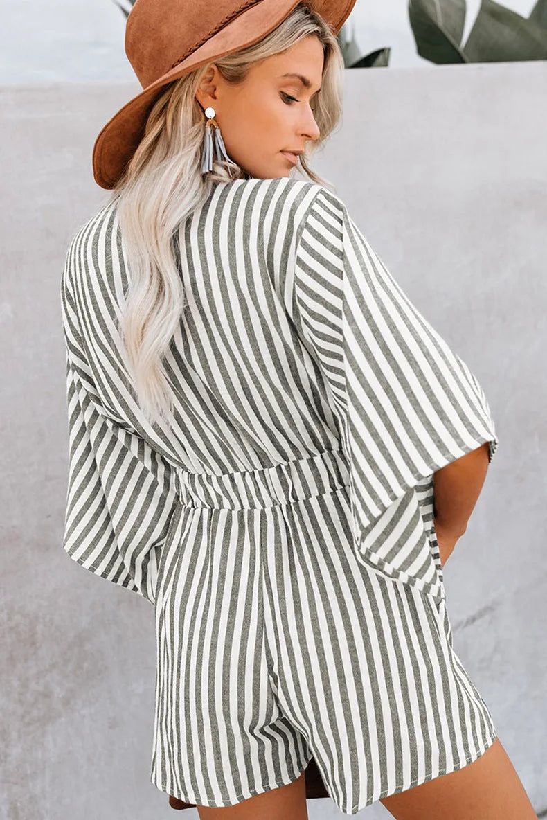 Women's Summer Slimming Striped Jumpsuit with Deep V Neck, Flared Three Quarter Sleeves, and Wide Leg Pants
