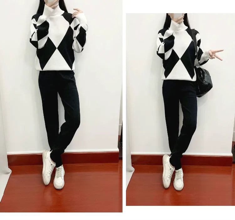 Women's Thick Soft Knitted Sweater and Long Pant Set Casual 2PCS Track Suit for Autumn and Winter