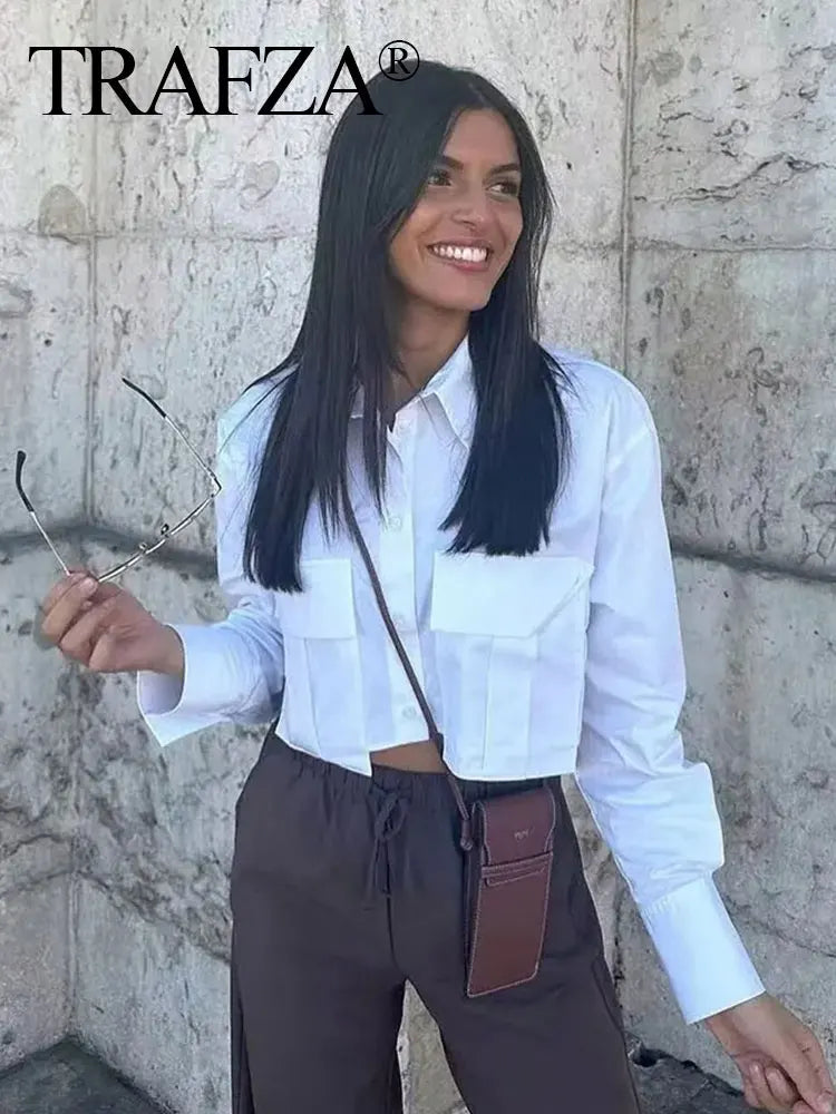 Women's Casual Long Sleeve Solid Blouse with Pockets Loose Fit Versatile Office Shirt Top