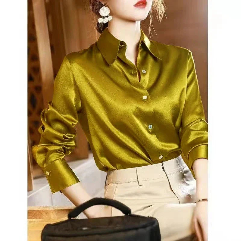Elegant Satin Long Sleeve Women's Shirt Slim Fit Casual Office Blouse Stylish Autumn Top