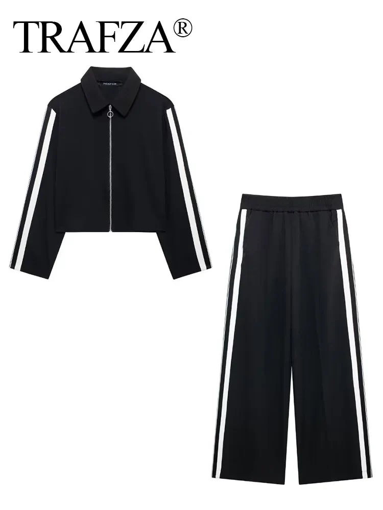 Women's Striped Sports Suit with Long Sleeve Zip Lapel Coat and High Waist Wide Leg Pants Two-Piece Set