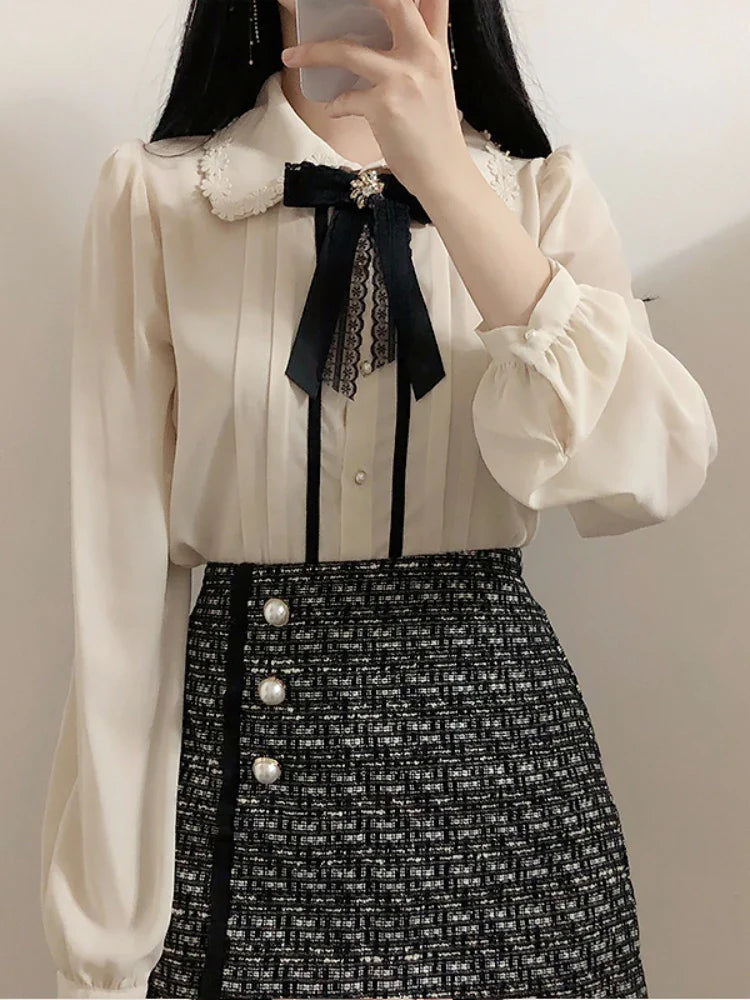 Elegant Vintage Button-Up Blouse for Women Cute Preppy Style Formal Work Shirt with Japanese Korean Inspired Design