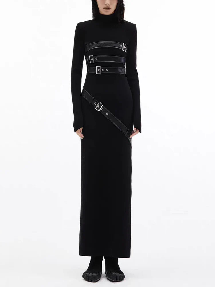 Spliced Belt A Line Dress For Women Stand Collar Sleeve