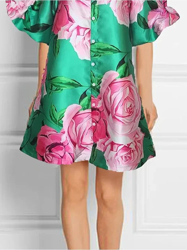 Floral Print Puff Sleeve Mini Dress With High Neck