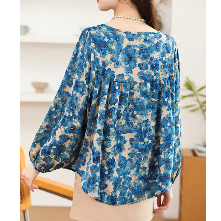 Floral Print Loose Fit Lantern Sleeve Chiffon Blouse Retro Long Sleeve Casual Women's Shirt Top