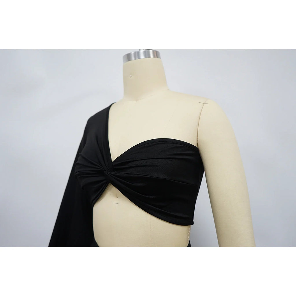 Women's Ruched One Shoulder Sleeve Crop Top and Wide Leg Pants Two Piece Set Outfit