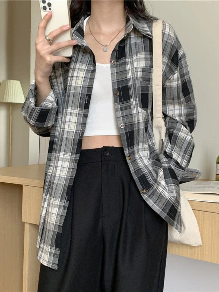 Casual Long Sleeve Plaid Blouse Mid Length Loose Fit Turn Down Collar Shirt for Women Autumn Winter Fashion Top