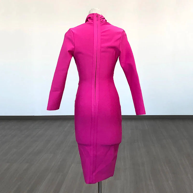 Colorful Deep V Bandage Dress Long Sleeve Bodycon Dress
