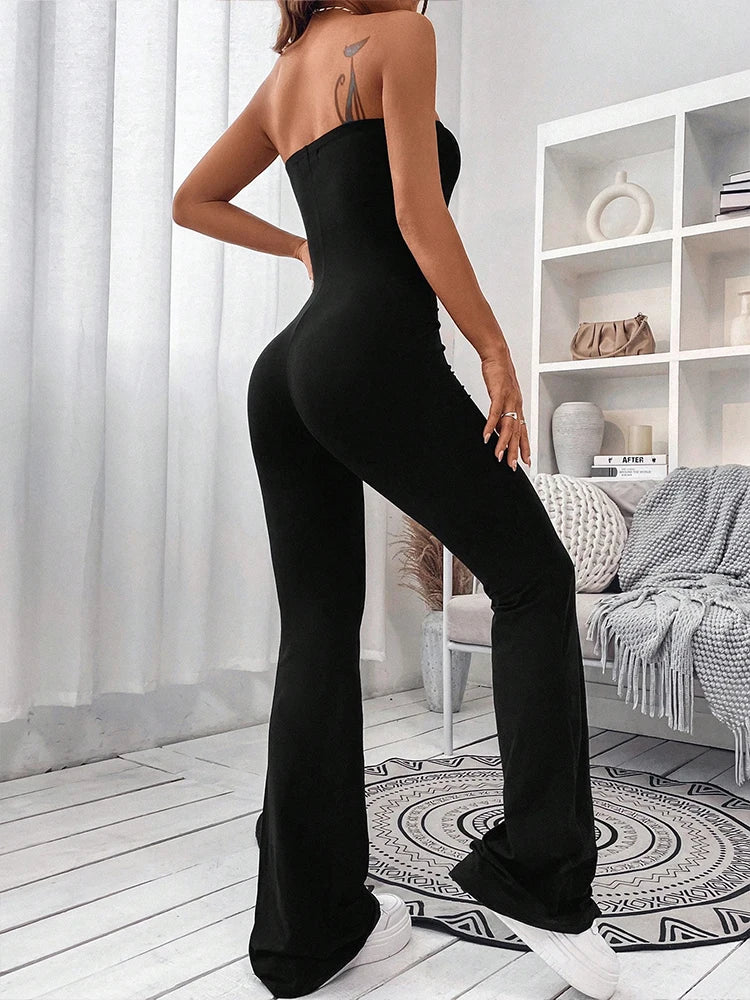 Elegant Women's Bustier Jumpsuit Slim Fit Solid Color One-Piece Pants Hip-Lifting Leg Design