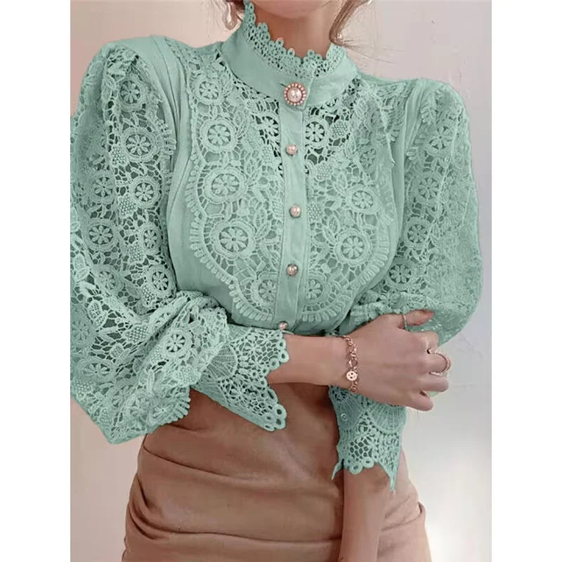 Vintage White Lace Blouse for Women Button Front Loose Fit Hollow Casual Shirt Top