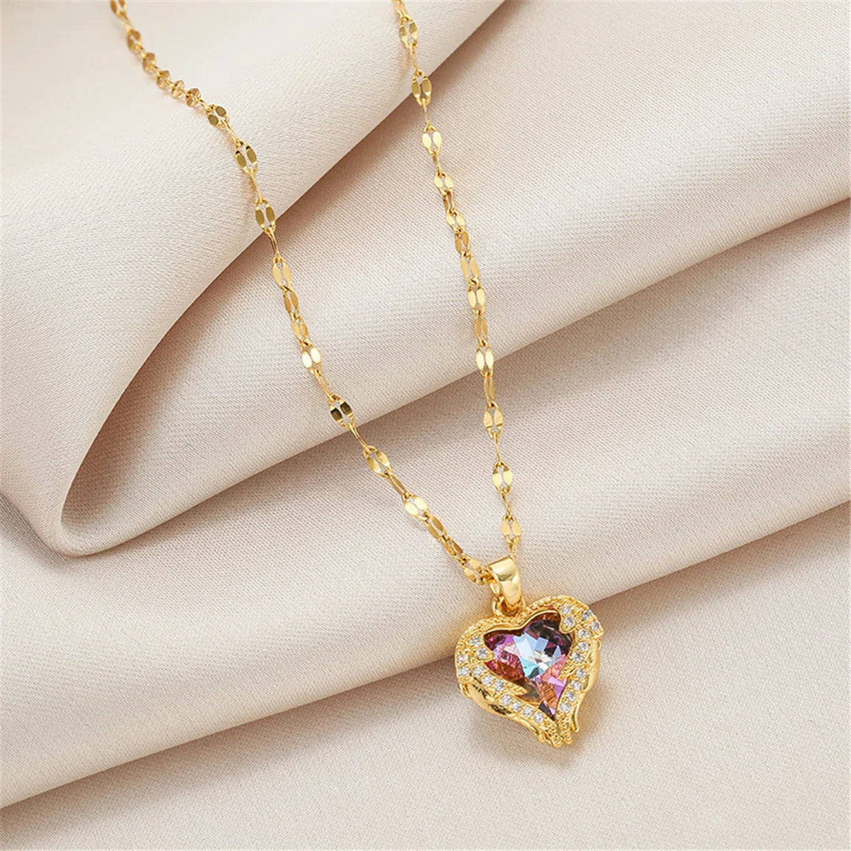 Luxury Colorful Crystal Ocean Heart Pendant Necklace for Women Stainless Steel Jewelry
