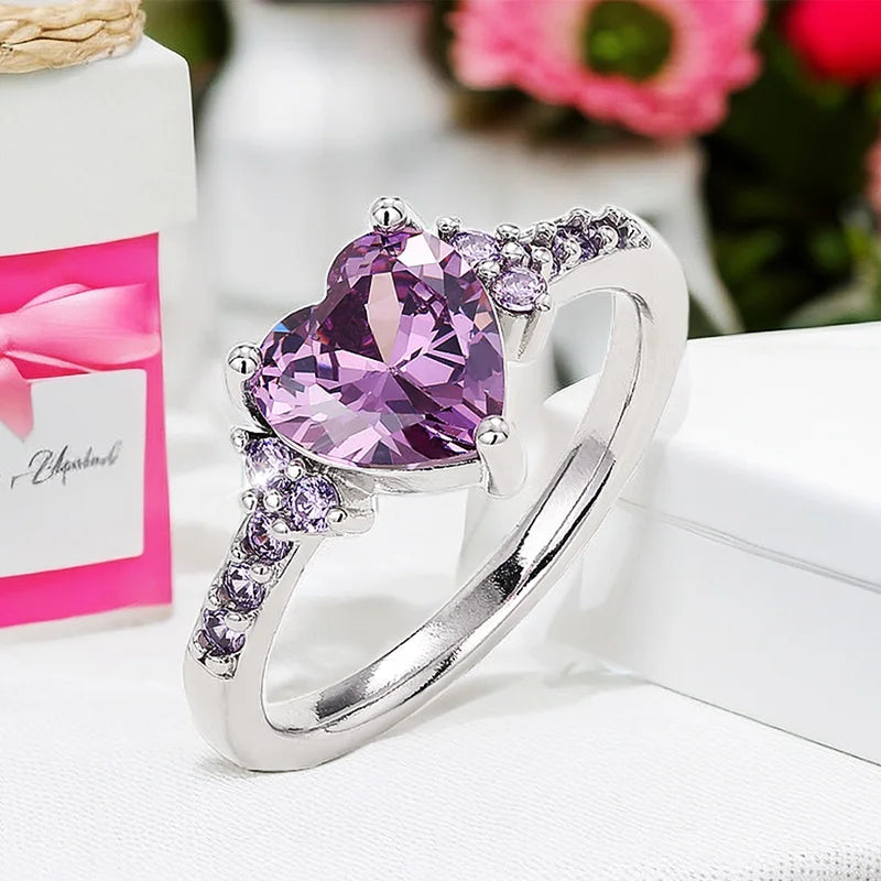 Purple Heart Cubic Zirconia Engagement Ring for Women Unique Wedding Jewelry Romantic Gift
