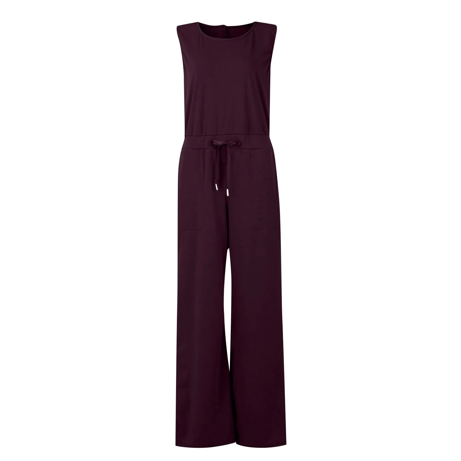 Women's Sleeveless Solid Color Casual Jumpsuit with Drawstring Waist Pockets Straight Leg Thin Commuting Outfit
