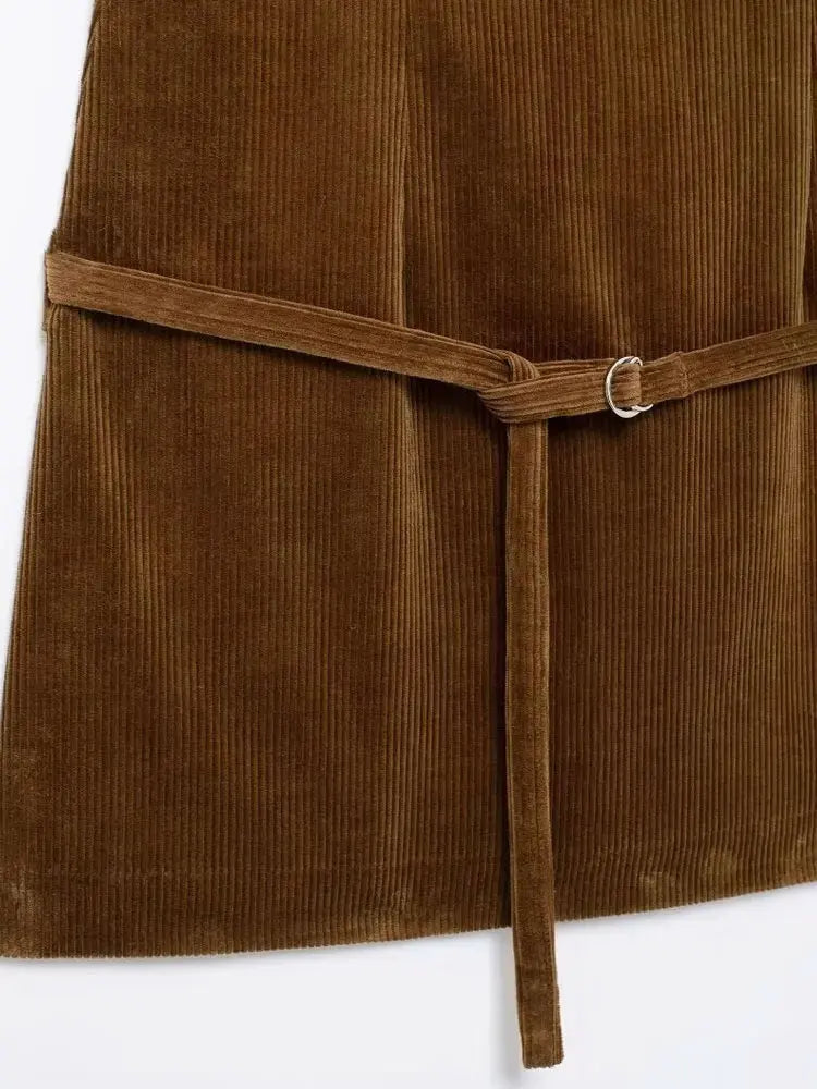 Corduroy Mini Dress With Belt O Neck Sleeveless Back Zipper