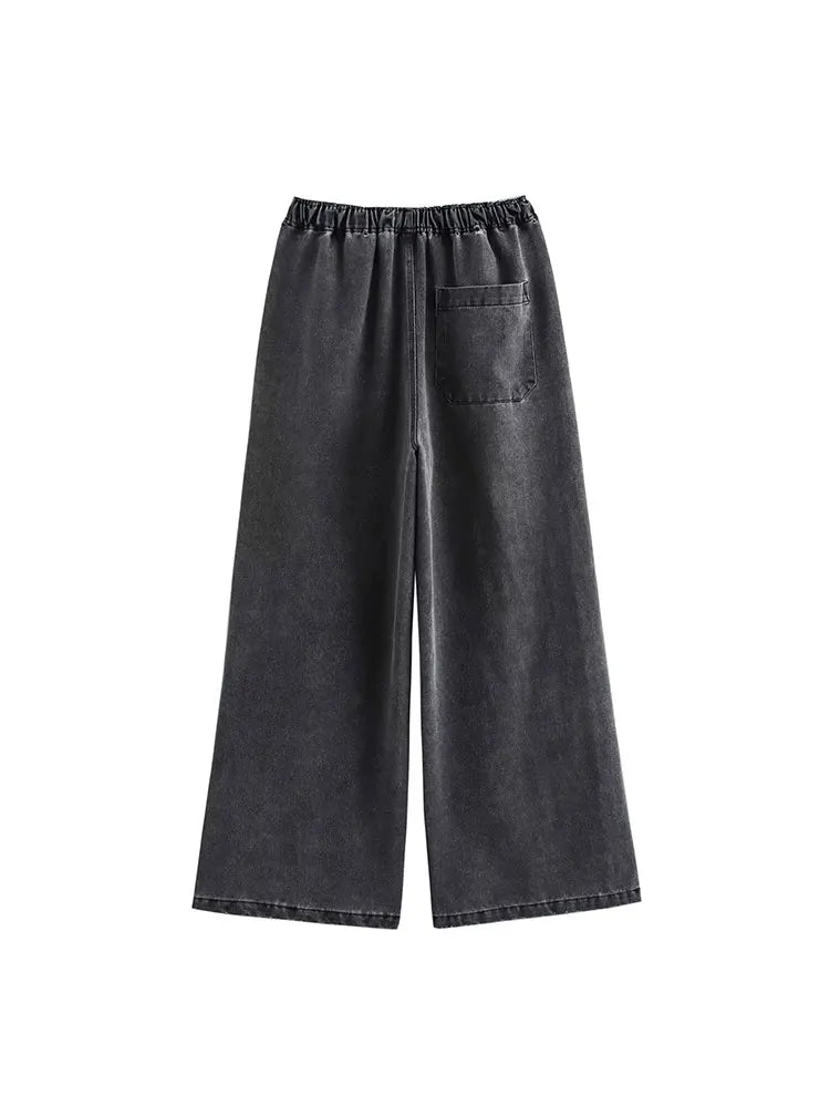 Casual Denim Two Piece Set with Elastic Waist Wide Leg Pants and Polo Collar Long Sleeve Top Loose Fit Stylish Outfit