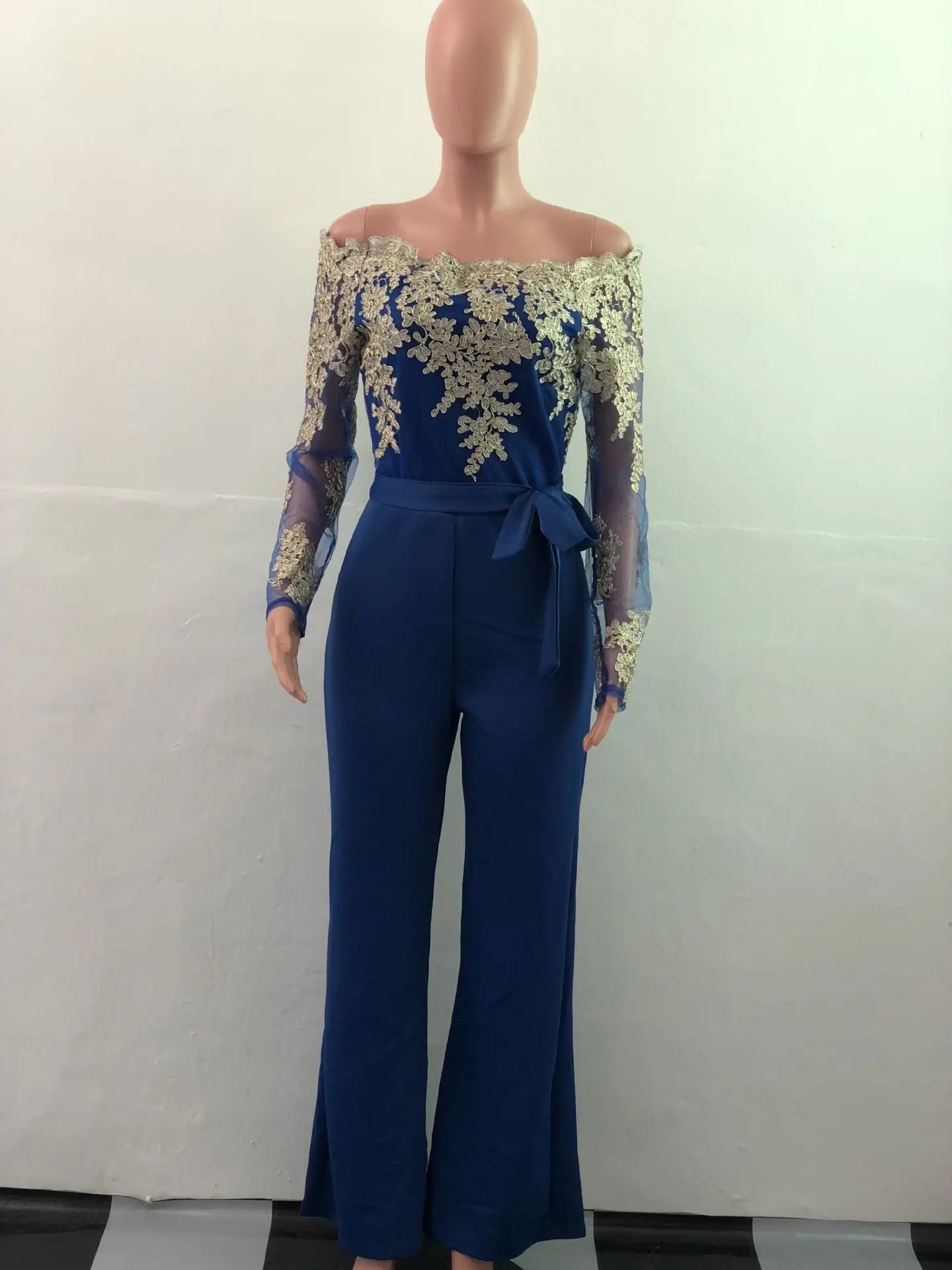 Appliques Lace Patchwork Off Shoulder Jumpsuit for Women with Slash Neck Long Sleeve and Elegant Wide Leg Pants Party Overalls