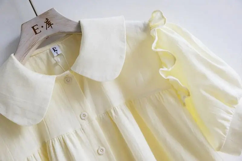 Blue Peter Pan Collar Single Breasted Short Sleeve Loose Fit Women's Blouse Shirt Lightweight Casual Top