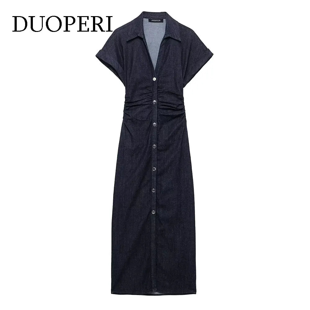Navy Blue Pleated Denim Midi Dress for Women Short Sleeves
