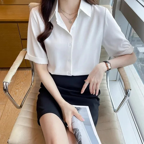 Women's Summer Short Sleeve V-Neck Chiffon Blouse Loose Fit Casual Office Pullover Shirt
