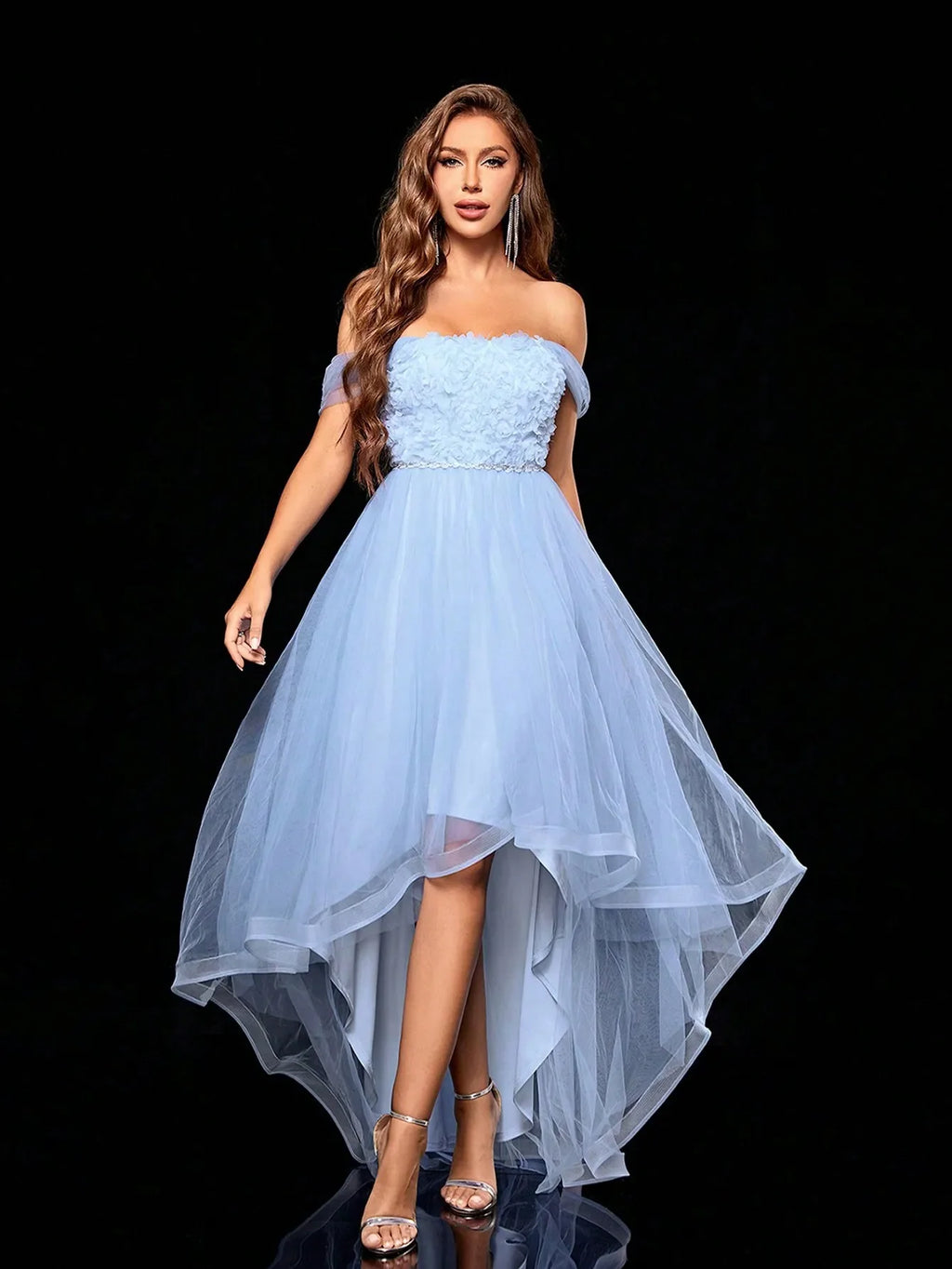 Embroidered Long Mesh Swing Skirt With Unique Neckline