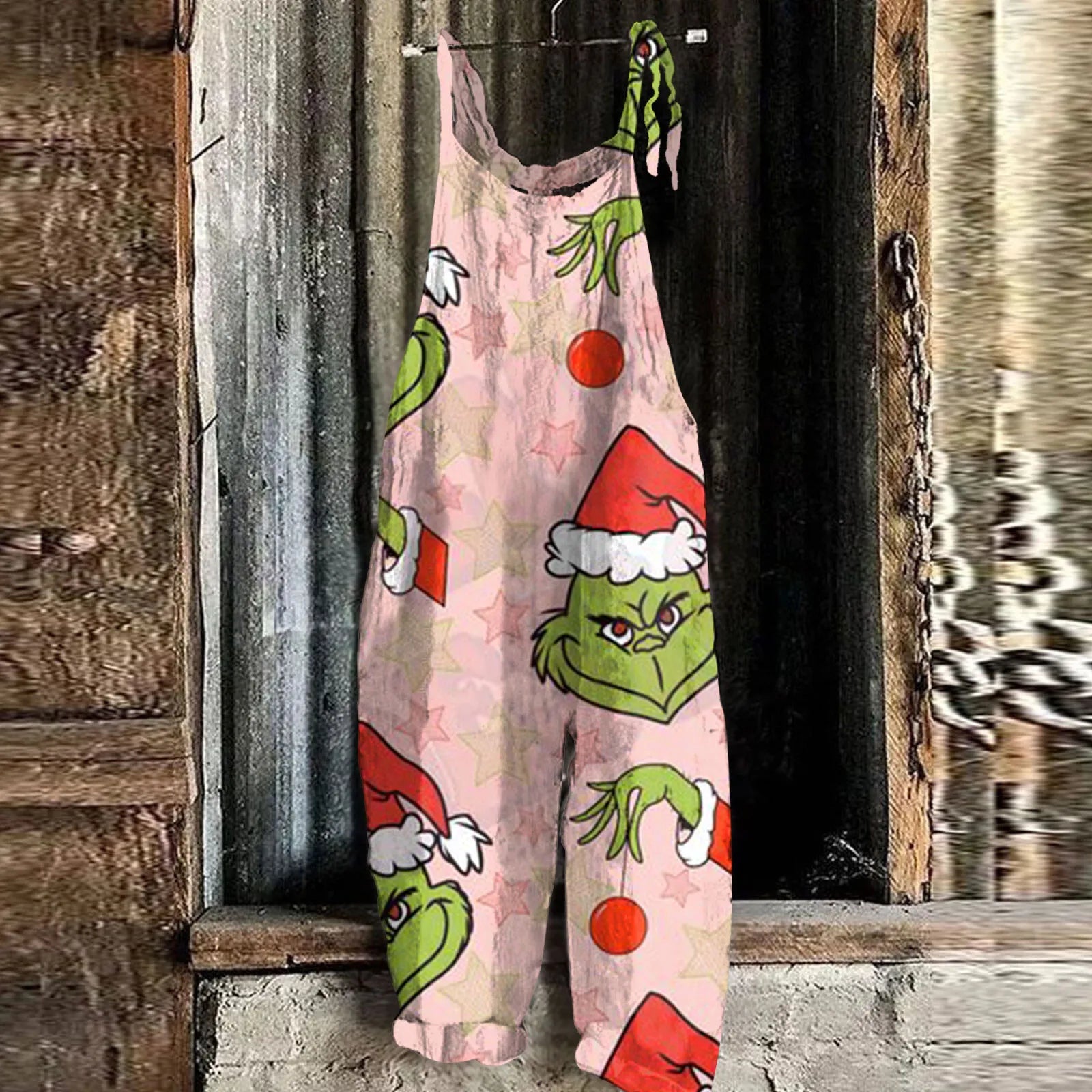 Kawaii Cartoon Print Casual Loose Vintage Strappy Jumpsuit Women's Fashion Festival Pants with Christmas Theme