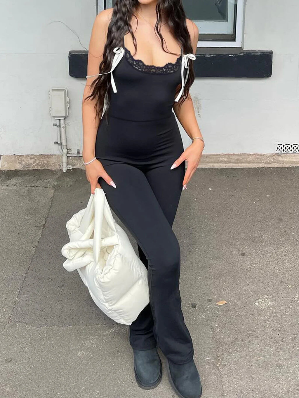 Black Sleeveless Skinny Flared Jumpsuit for Women with Lace Trim and Tie Bow Detail Cute Sweet Slip Romper