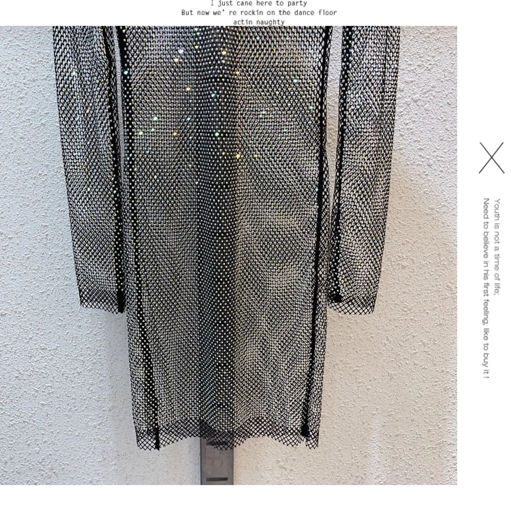 See Through Rhinestone Dress Round Neck Long Sleeve