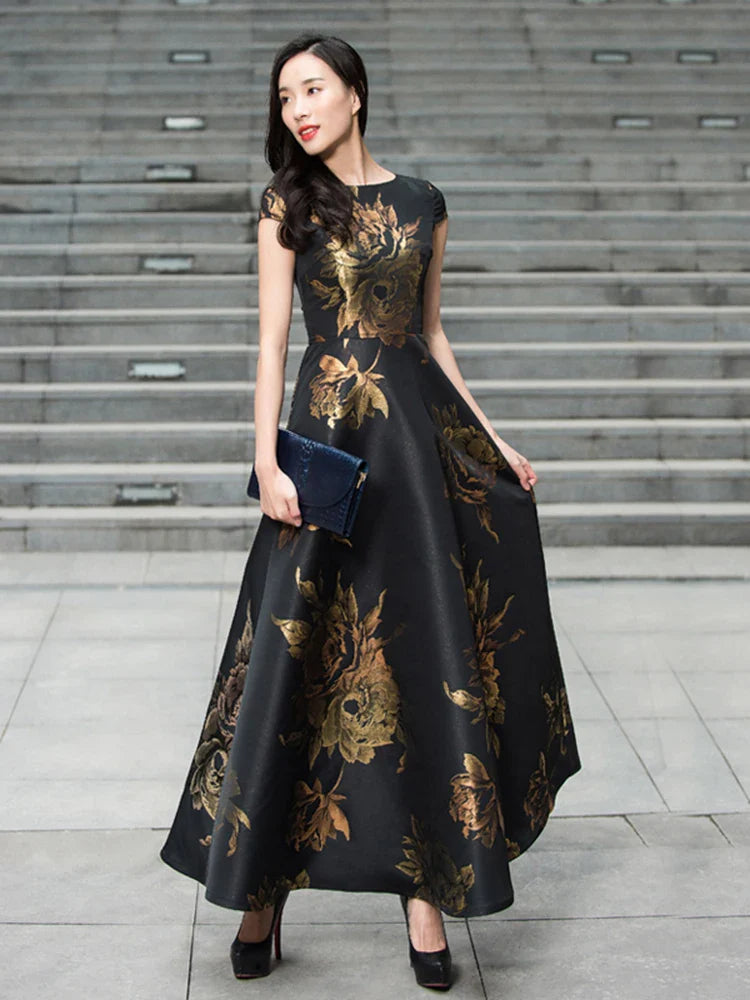 Women Floral Jacquard Maxi Dress Casual Elegant Summer