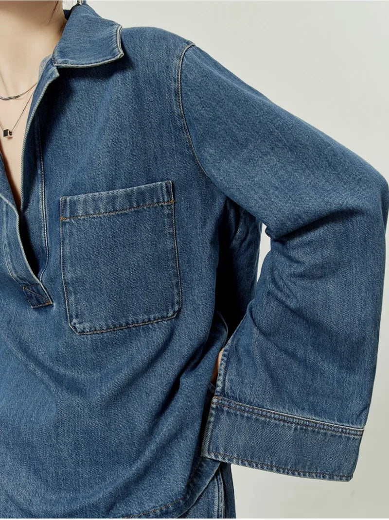 Casual Open Collar Pocket Denim Top and Loose Wide Leg Drawstring Waist Denim Pants Two Piece Set for Women