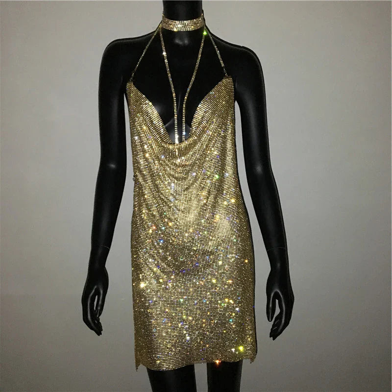 Sequin Rhinestone Backless Mini Dress For Nightclub Party