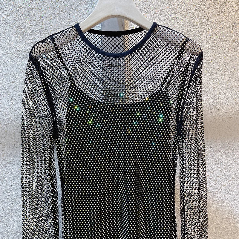 See Through Rhinestone Dress Round Neck Long Sleeve
